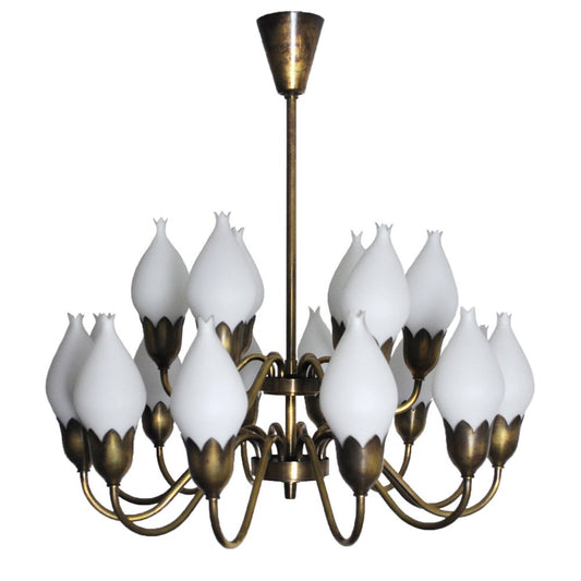 18-Arm Brass and Opaline Glass Tulip Chandelier from Fog & Mørup, 1950s