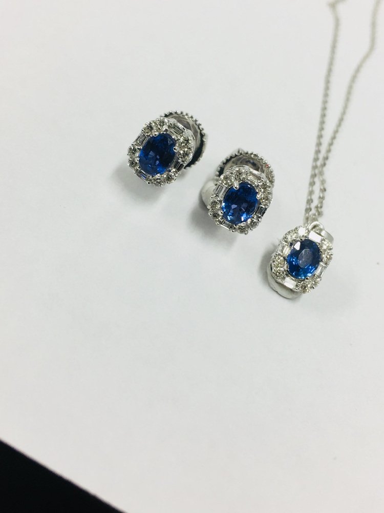 18 Carat Sapphire & Diamond Earrings and Pendant, Set of 3