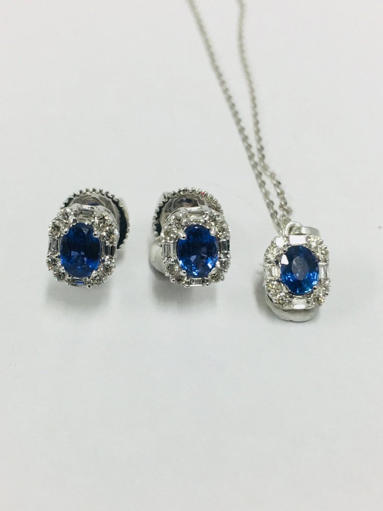 18 Carat Sapphire & Diamond Earrings and Pendant, Set of 3