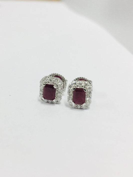 18 Carat White Gold, Ruby & Diamond Stud Earrings, Set of 2