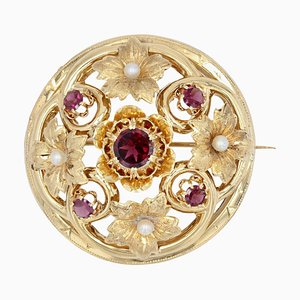 18 Karat 20th Century French Garnet Fine Pearl Yellow Gold Brooch, 1890s-OLU-1436669