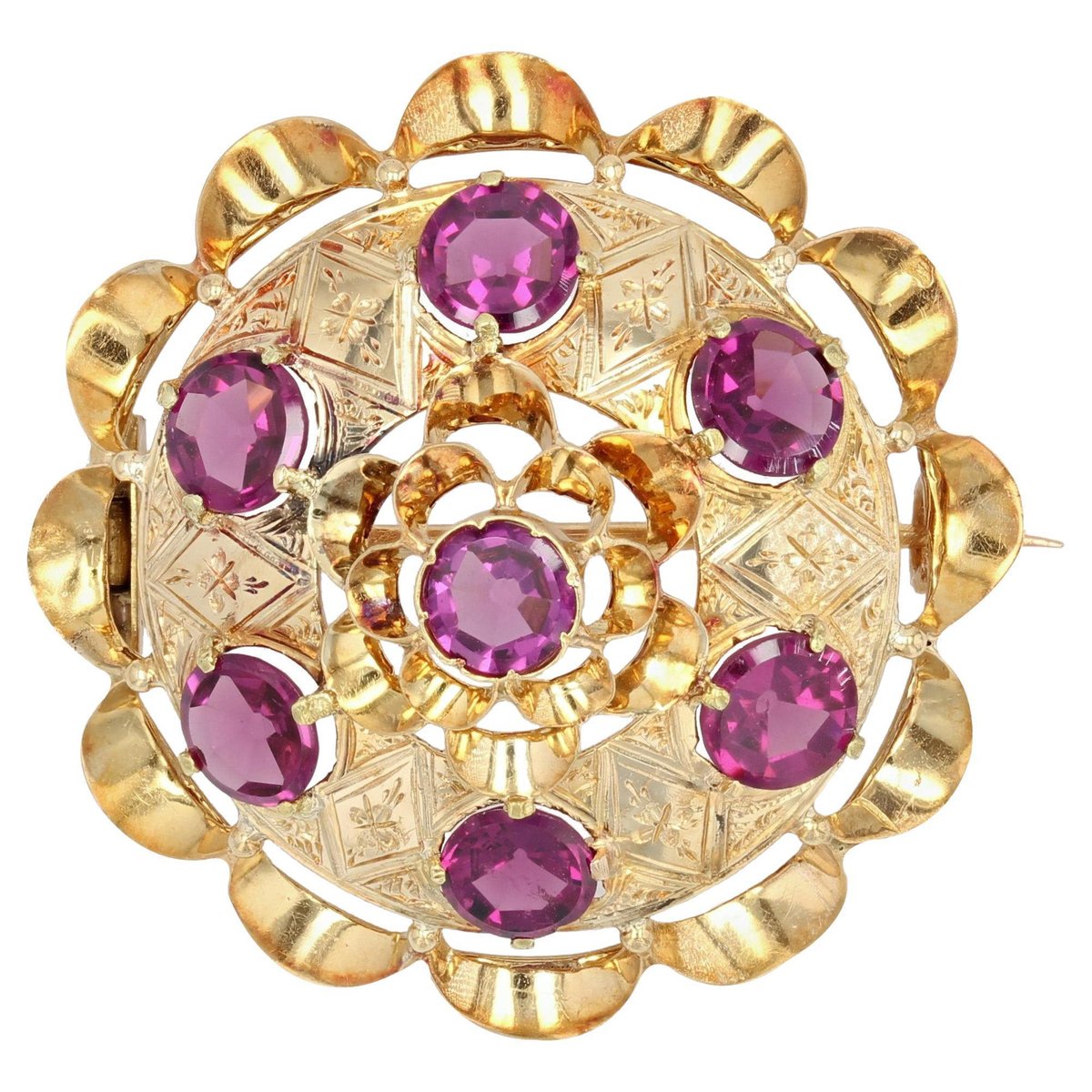 18 Karat 20th Century French Garnet Yellow Gold Brooch, 1890s