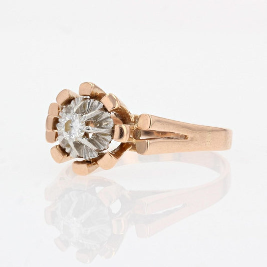 18 Karat French Diamond Rose Gold Solitaire Ring, 1960s