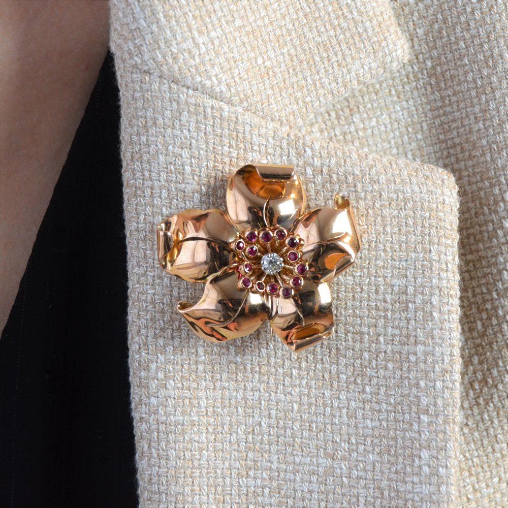 18 Karat French Ruby Diamond and Rose Gold Flower Clip Brooch, 1950s