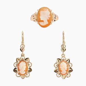 18 Karat French Shell Cameo Rose Gold Earrings Ring Set, 1960s, Set of 3-OLU-1425878