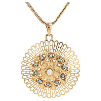 18 Karat French Yellow Rose Gold and Cultured Pearl Turquoise Pendant, 1960s-OLU-1403613