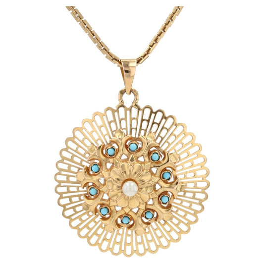 18 Karat French Yellow Rose Gold and Cultured Pearl Turquoise Pendant, 1960s