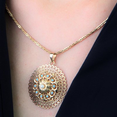 18 Karat French Yellow Rose Gold and Cultured Pearl Turquoise Pendant, 1960s-OLU-1403613