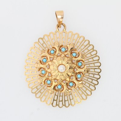 18 Karat French Yellow Rose Gold and Cultured Pearl Turquoise Pendant, 1960s-OLU-1403613