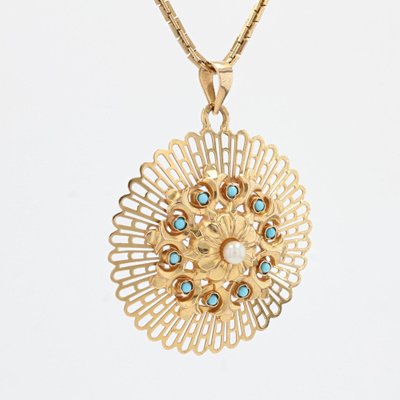 18 Karat French Yellow Rose Gold and Cultured Pearl Turquoise Pendant, 1960s-OLU-1403613