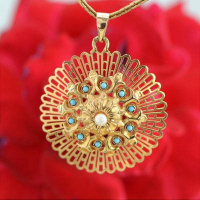 18 Karat French Yellow Rose Gold and Cultured Pearl Turquoise Pendant, 1960s-OLU-1403613