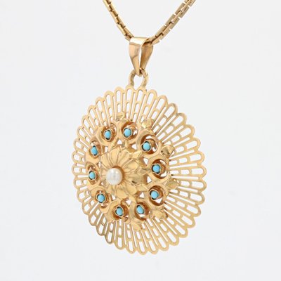 18 Karat French Yellow Rose Gold and Cultured Pearl Turquoise Pendant, 1960s-OLU-1403613