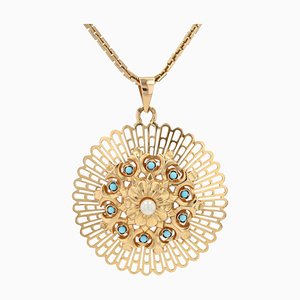 18 Karat French Yellow Rose Gold and Cultured Pearl Turquoise Pendant, 1960s-OLU-1403613