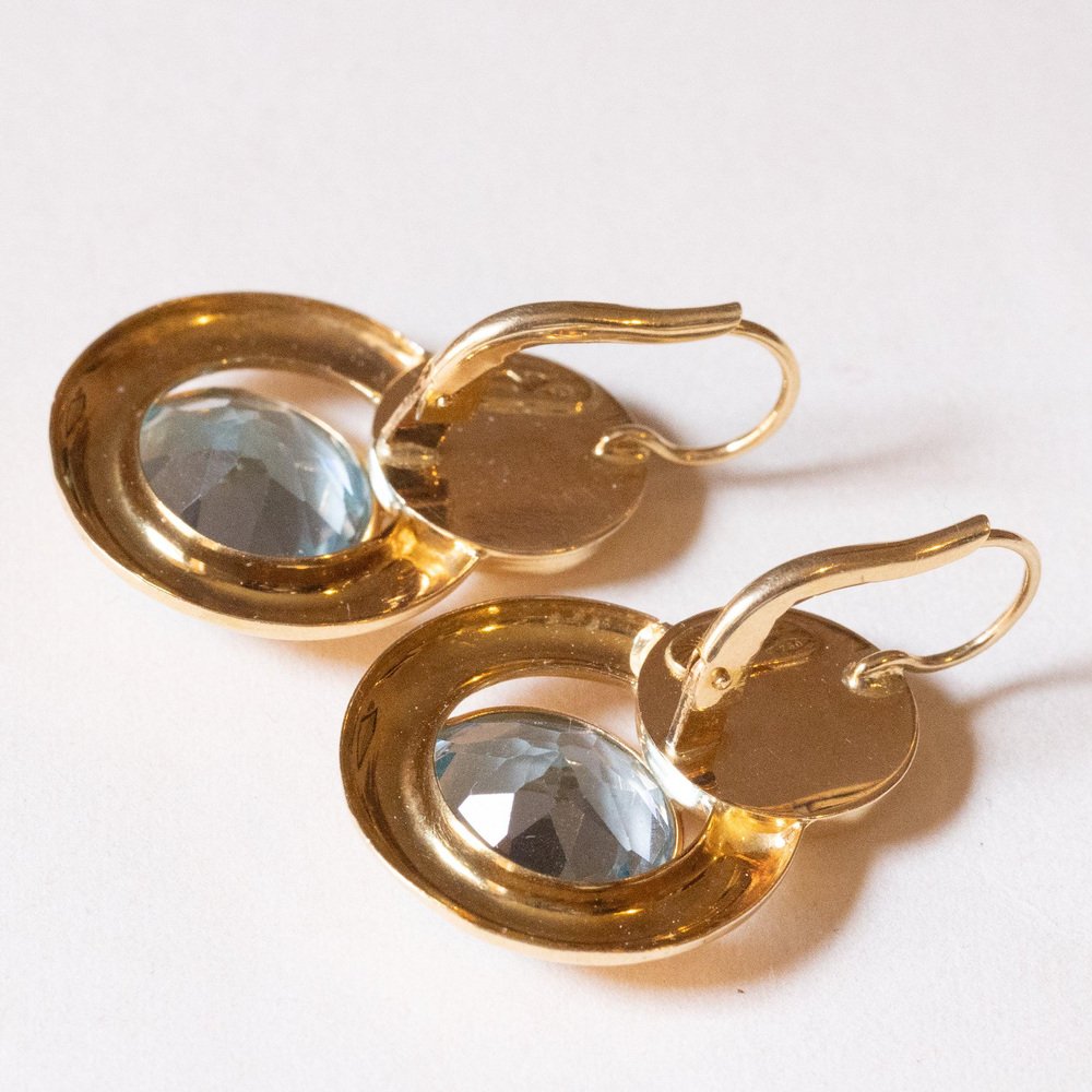 18 Karat Gold Earrings with Synthetic Blue Topaz, 1960s, Set of 2