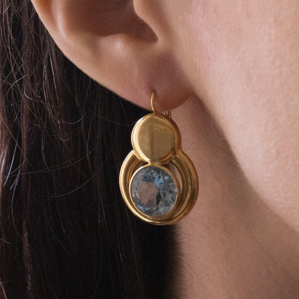 18 Karat Gold Earrings with Synthetic Blue Topaz, 1960s, Set of 2