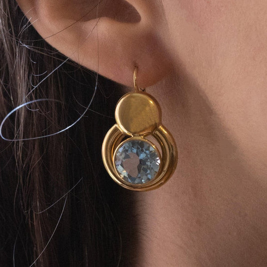 18 Karat Gold Earrings with Synthetic Blue Topaz, 1960s, Set of 2