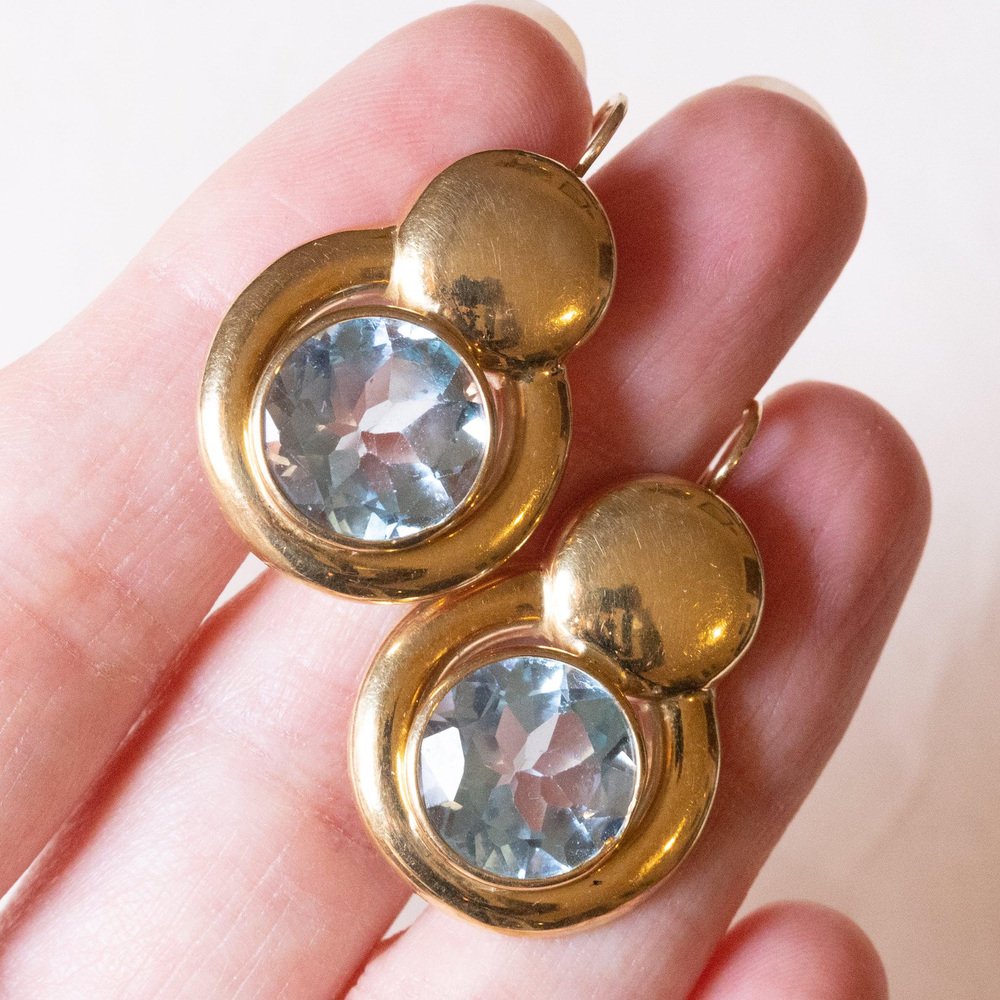 18 Karat Gold Earrings with Synthetic Blue Topaz, 1960s, Set of 2