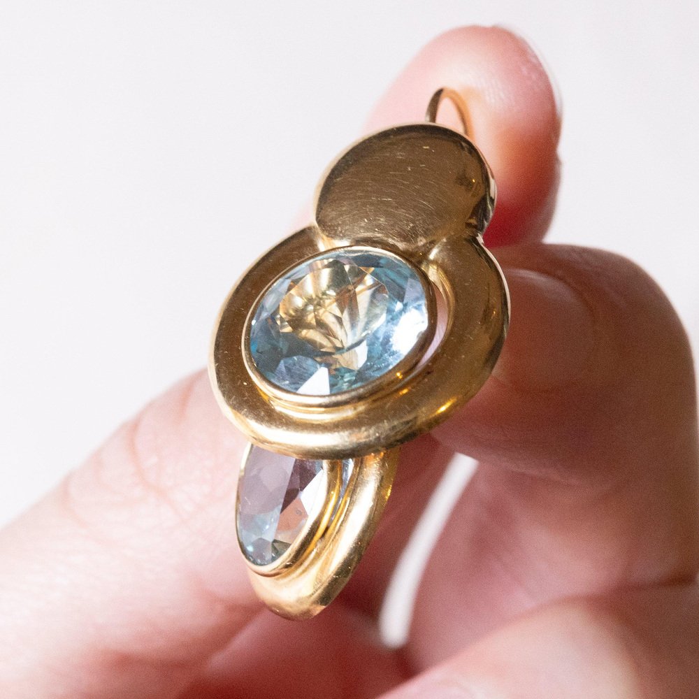 18 Karat Gold Earrings with Synthetic Blue Topaz, 1960s, Set of 2