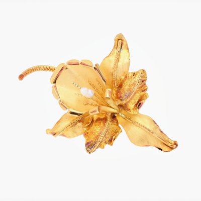 18 Karat Pearl Yellow Mat Gold Lily Brooch, 1960s-OLU-1287775