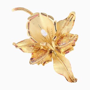 18 Karat Pearl Yellow Mat Gold Lily Brooch, 1960s-OLU-1287775