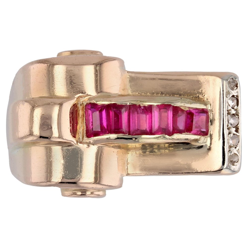 18 Karat Rose Gold Asymmetrical Tank Ring with Synthetic Rubies & Diamonds, 1940s