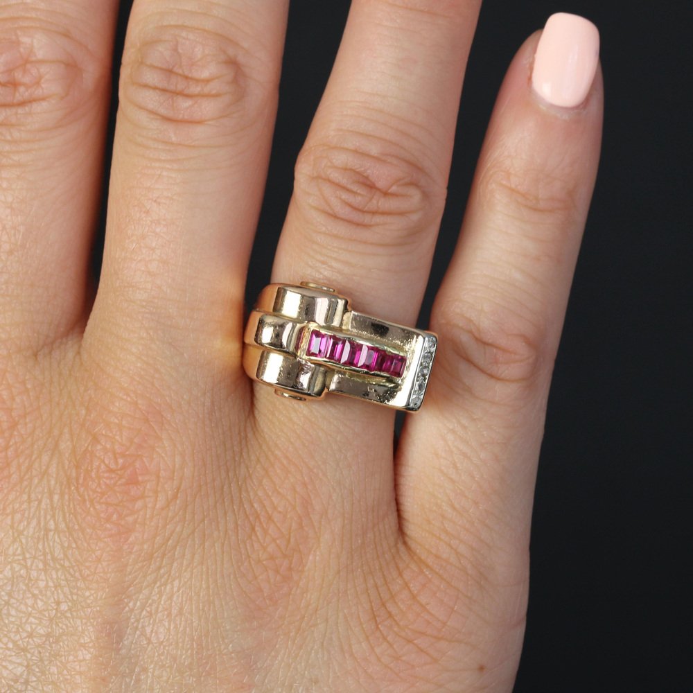 18 Karat Rose Gold Asymmetrical Tank Ring with Synthetic Rubies & Diamonds, 1940s