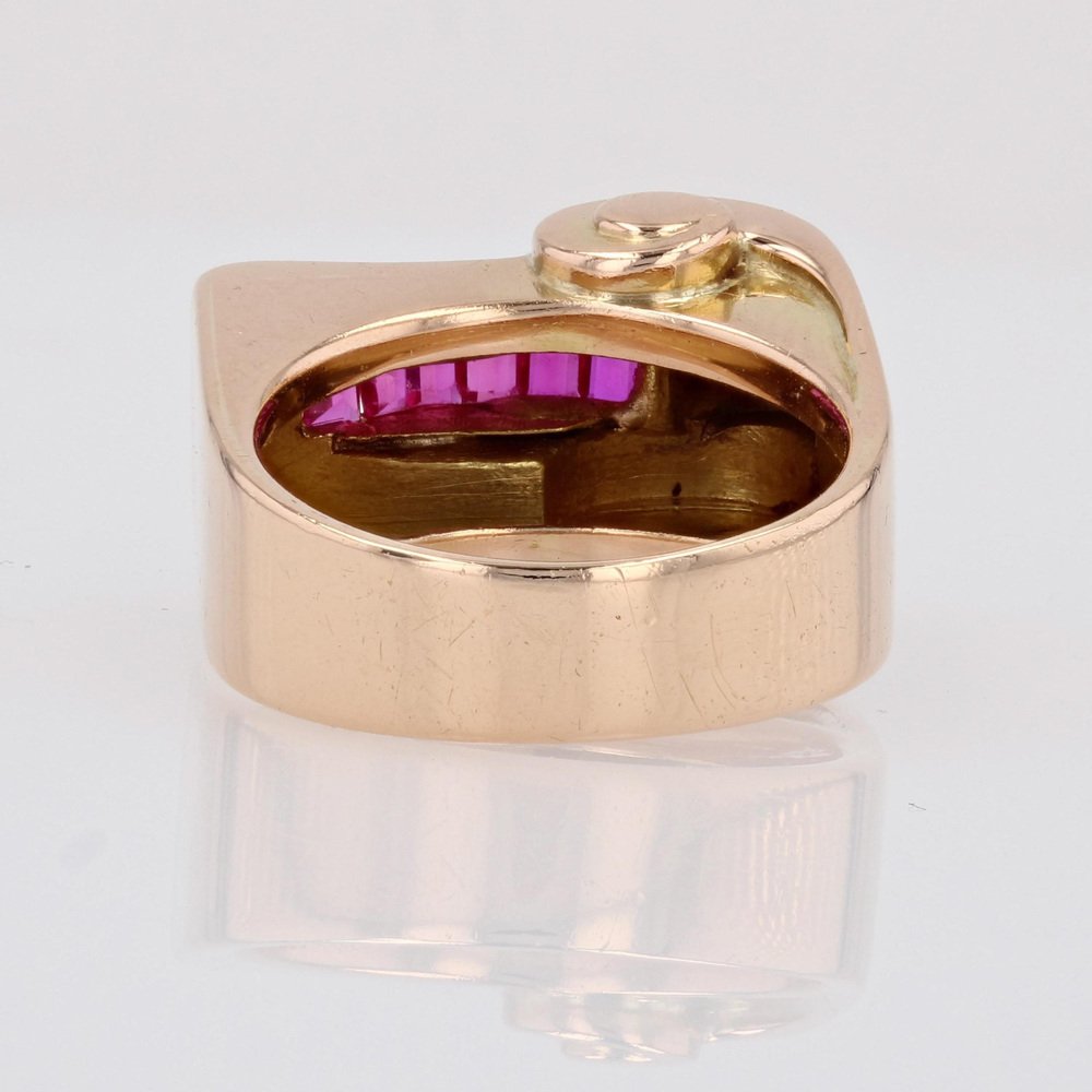 18 Karat Rose Gold Asymmetrical Tank Ring with Synthetic Rubies & Diamonds, 1940s