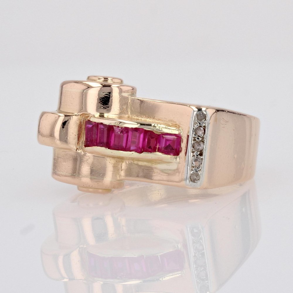 18 Karat Rose Gold Asymmetrical Tank Ring with Synthetic Rubies & Diamonds, 1940s