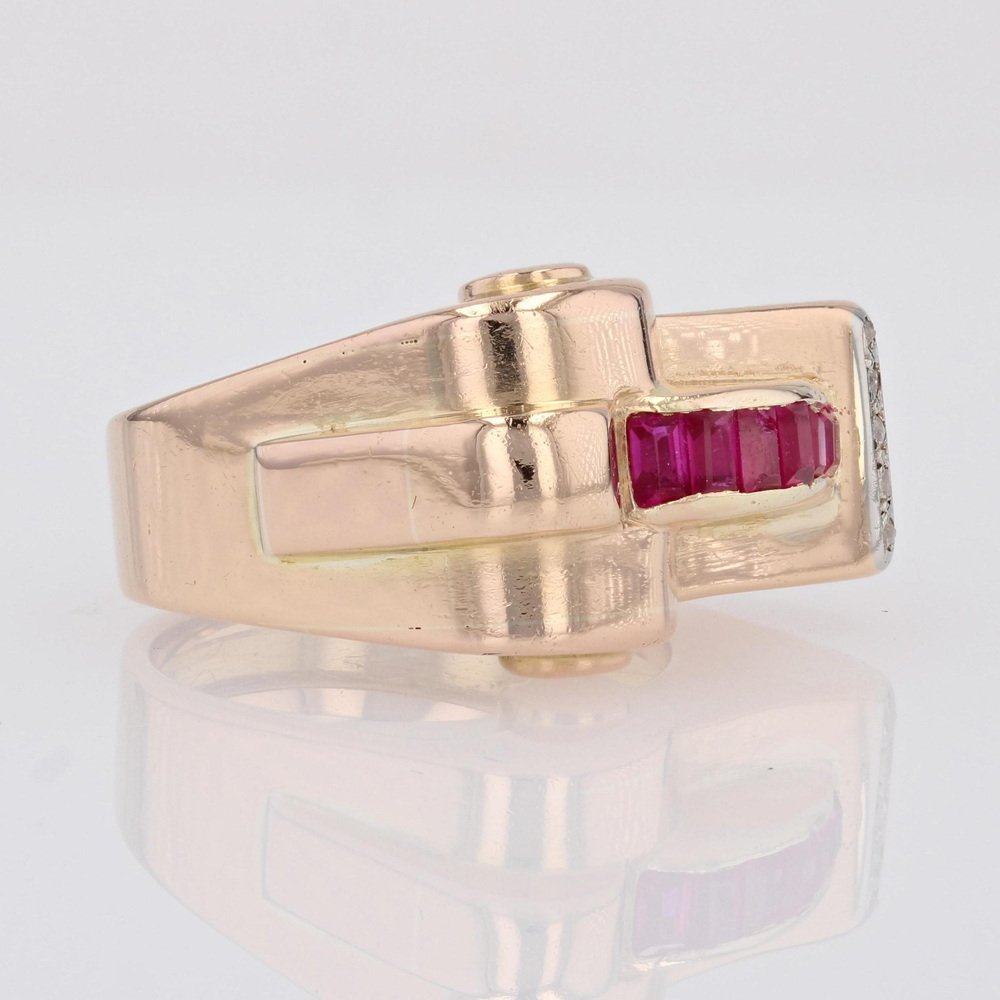 18 Karat Rose Gold Asymmetrical Tank Ring with Synthetic Rubies & Diamonds, 1940s