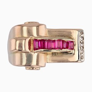 18 Karat Rose Gold Asymmetrical Tank Ring with Synthetic Rubies & Diamonds, 1940s-OLU-1704241