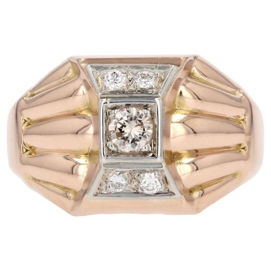 18 Karat Rose Gold Domed Tank Ring with Diamonds, France, 1940s