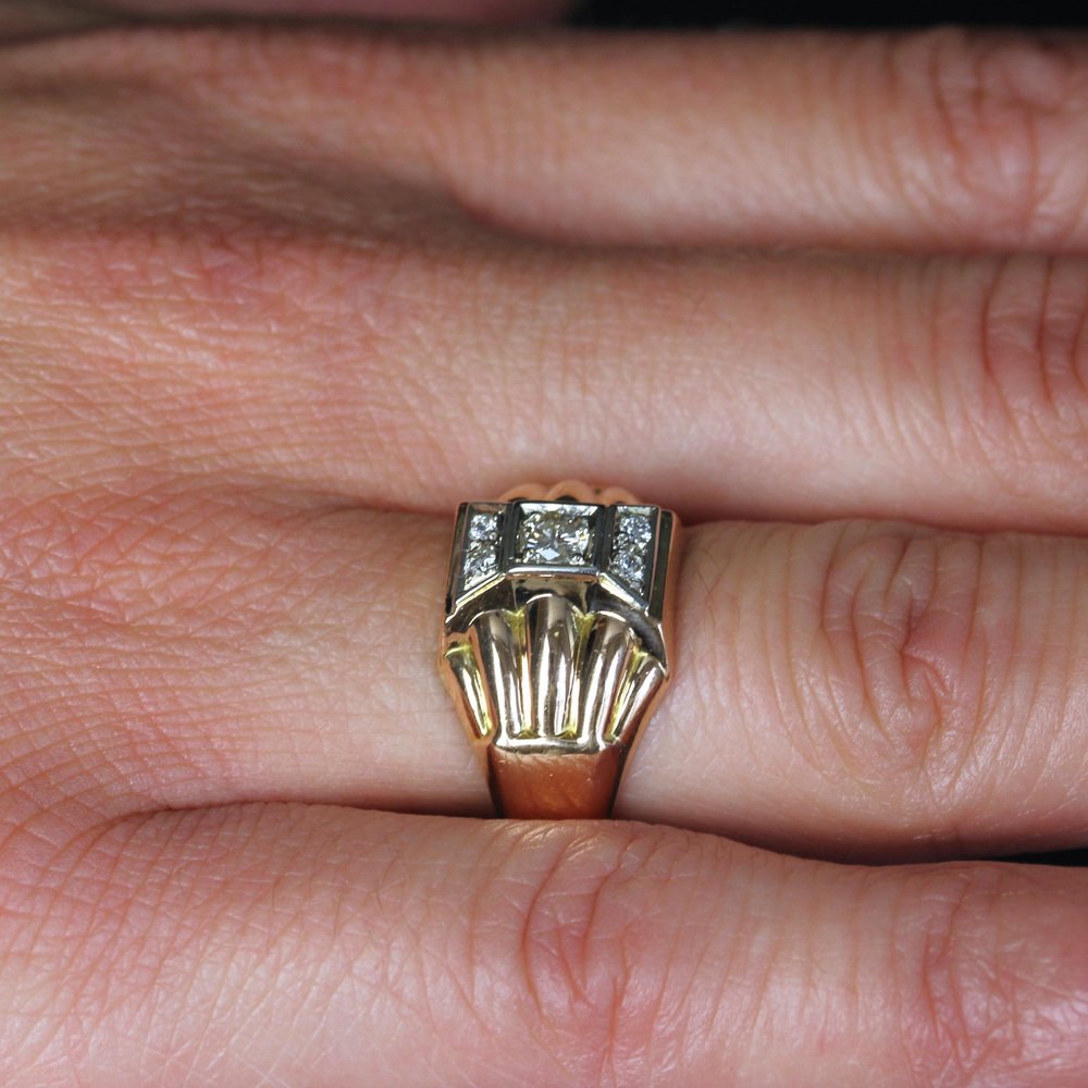 18 Karat Rose Gold Domed Tank Ring with Diamonds, France, 1940s