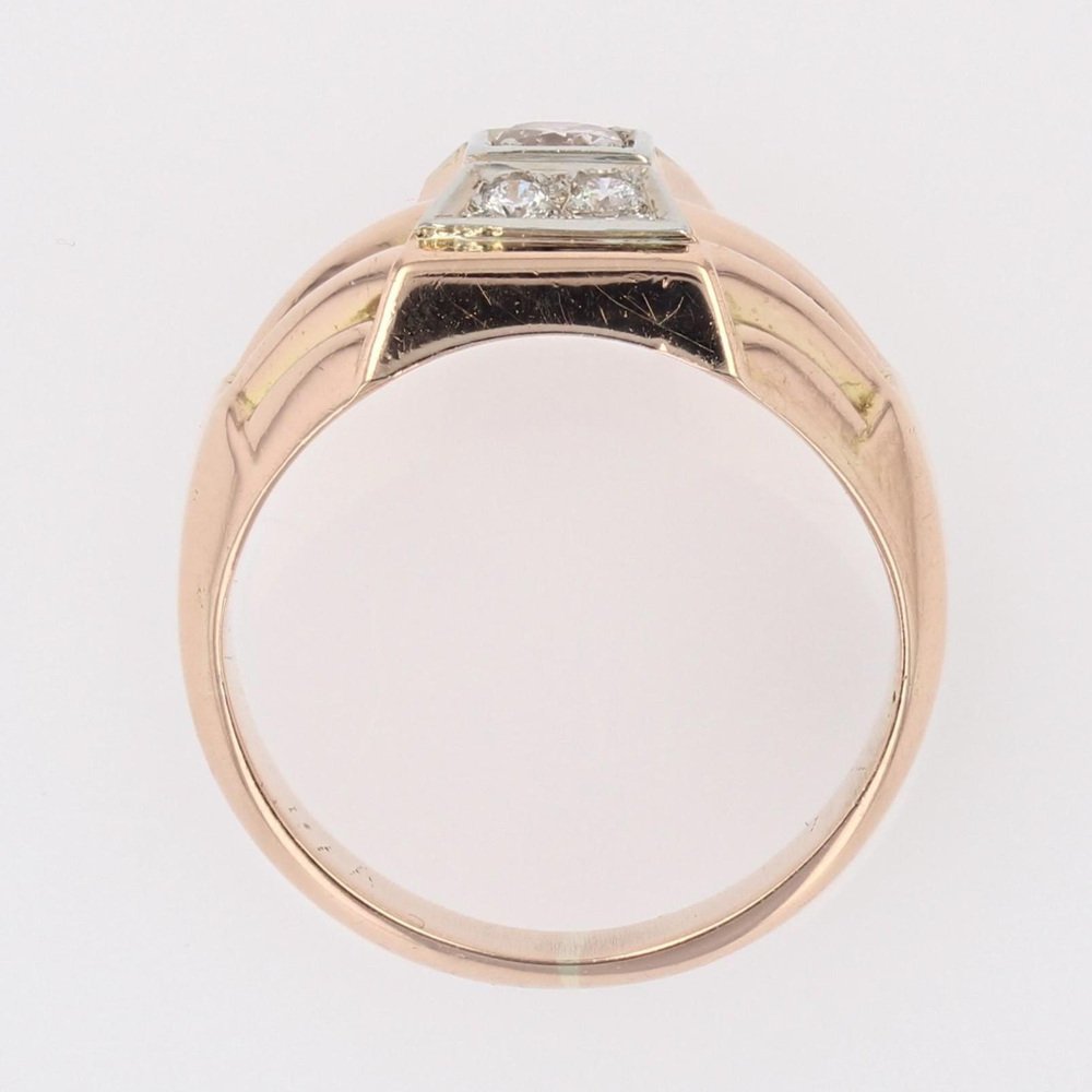 18 Karat Rose Gold Domed Tank Ring with Diamonds, France, 1940s