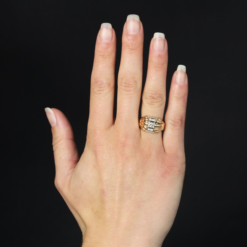 18 Karat Rose Gold Domed Tank Ring with Diamonds, France, 1940s