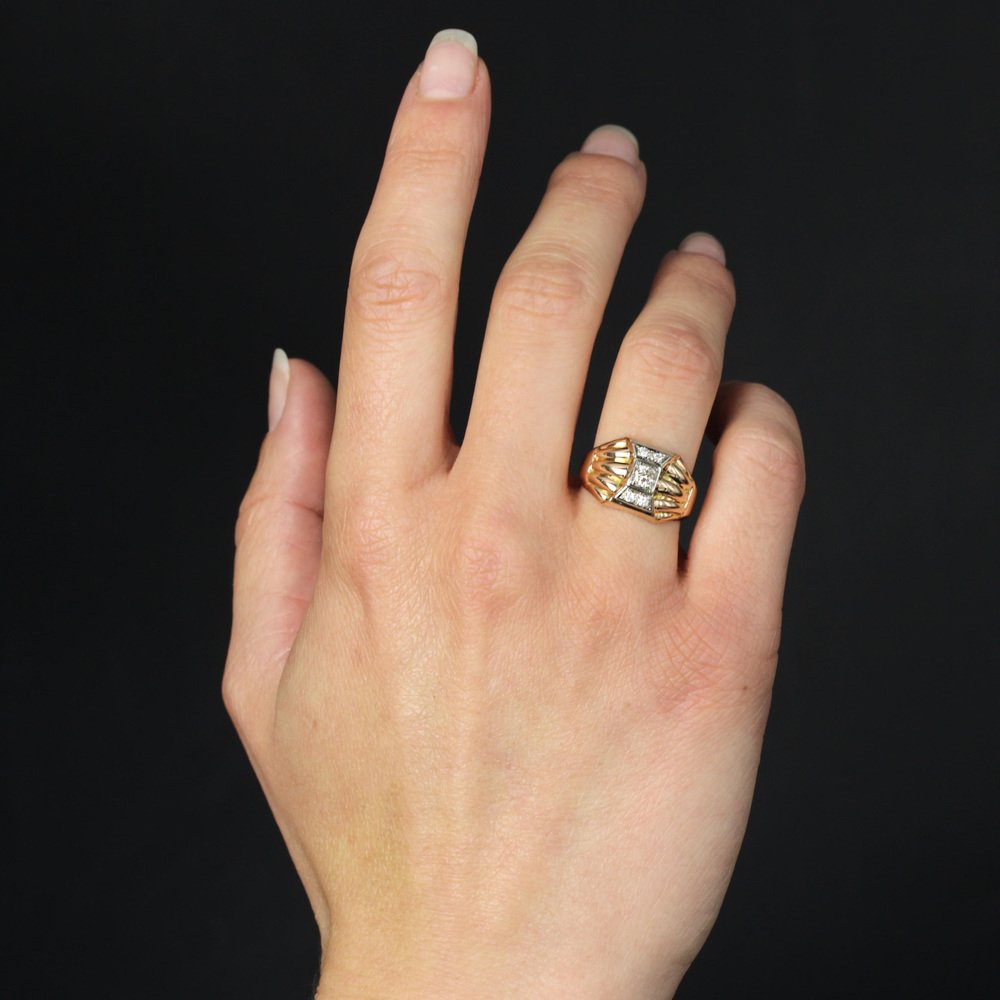 18 Karat Rose Gold Domed Tank Ring with Diamonds, France, 1940s