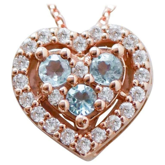 18 Karat Rose Gold Heart Pendant Necklace with Aquamarine and Diamonds