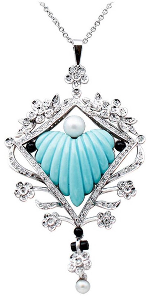 18 Karat White Gold and Platinum Necklace with Diamonds and Turquoise