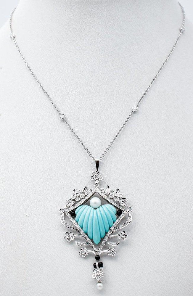 18 Karat White Gold and Platinum Necklace with Diamonds and Turquoise