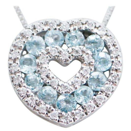 18 Karat White Gold Heart Shape Pendant Necklace with Aquamarine & Diamonds