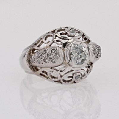 18 Karat White Gold Openwork Dome Ring with Diamonds, France, 1960s-OLU-1757418