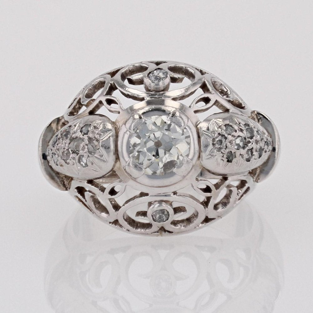 18 Karat White Gold Openwork Dome Ring with Diamonds, France, 1960s