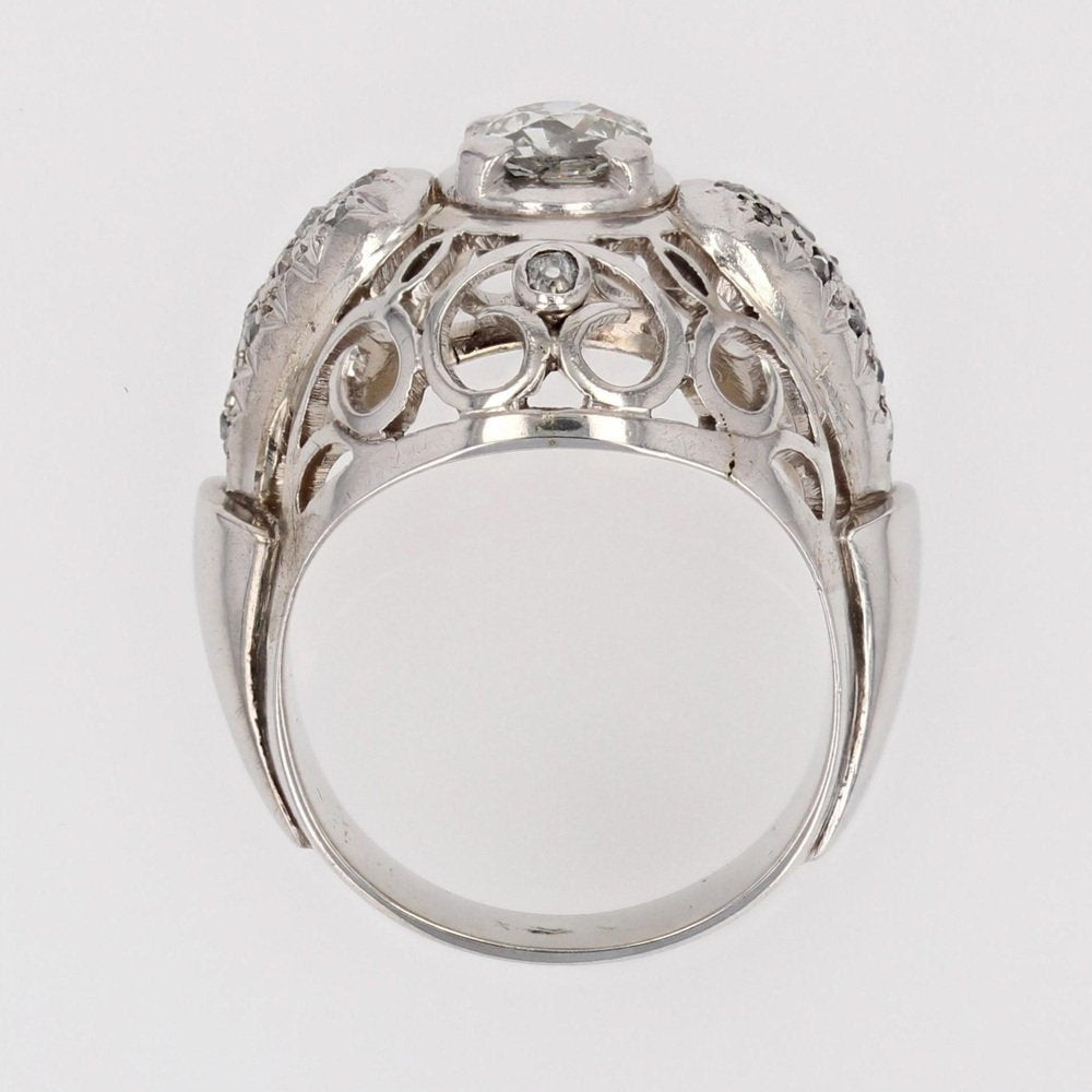 18 Karat White Gold Openwork Dome Ring with Diamonds, France, 1960s