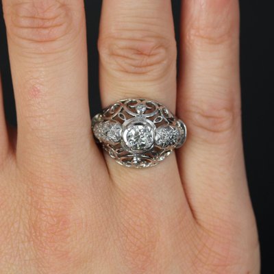 18 Karat White Gold Openwork Dome Ring with Diamonds, France, 1960s