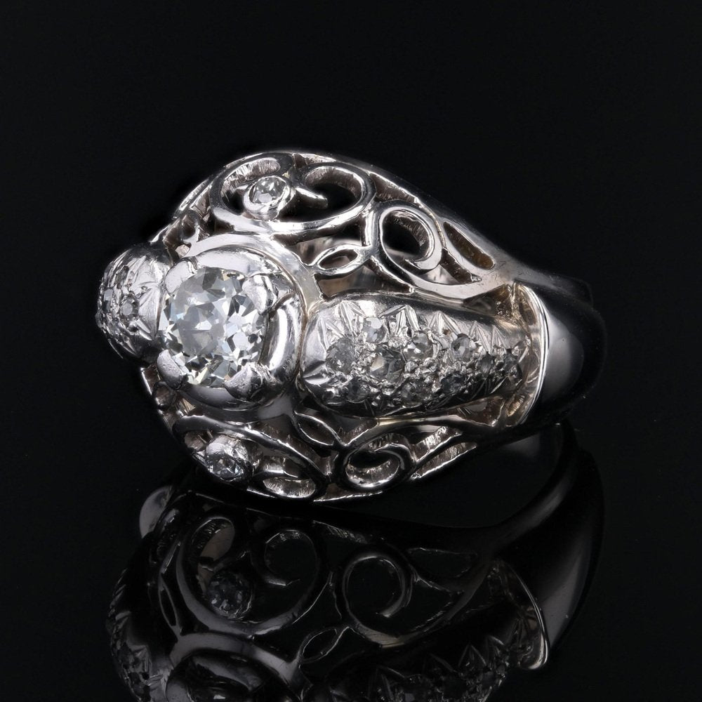 18 Karat White Gold Openwork Dome Ring with Diamonds, France, 1960s