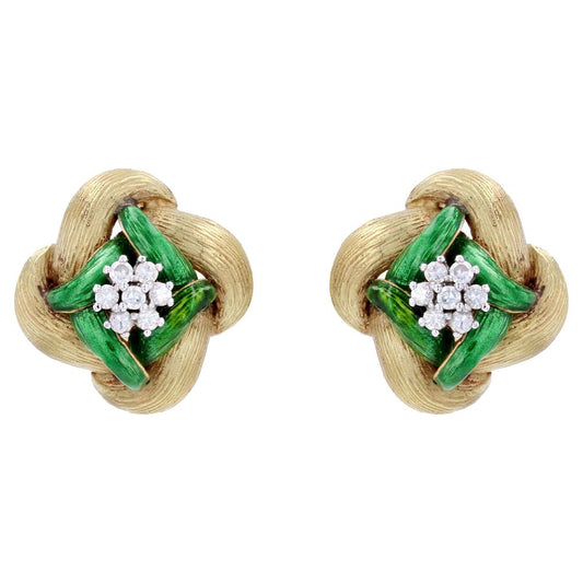 18 Karat Yellow Gold and Diamond Green Enamel Earrings, 1960s, Set of 2