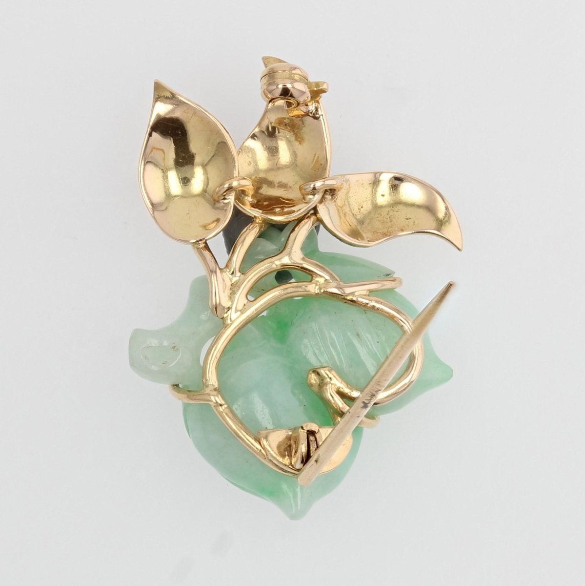 18 Karat Yellow Gold Brooch with Green Jade, 1960s