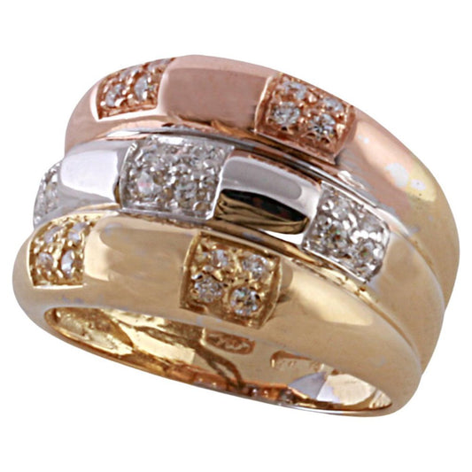 18 Karat Yellow, Pink and White Gold Band Ring Bambu Style with Diamonds