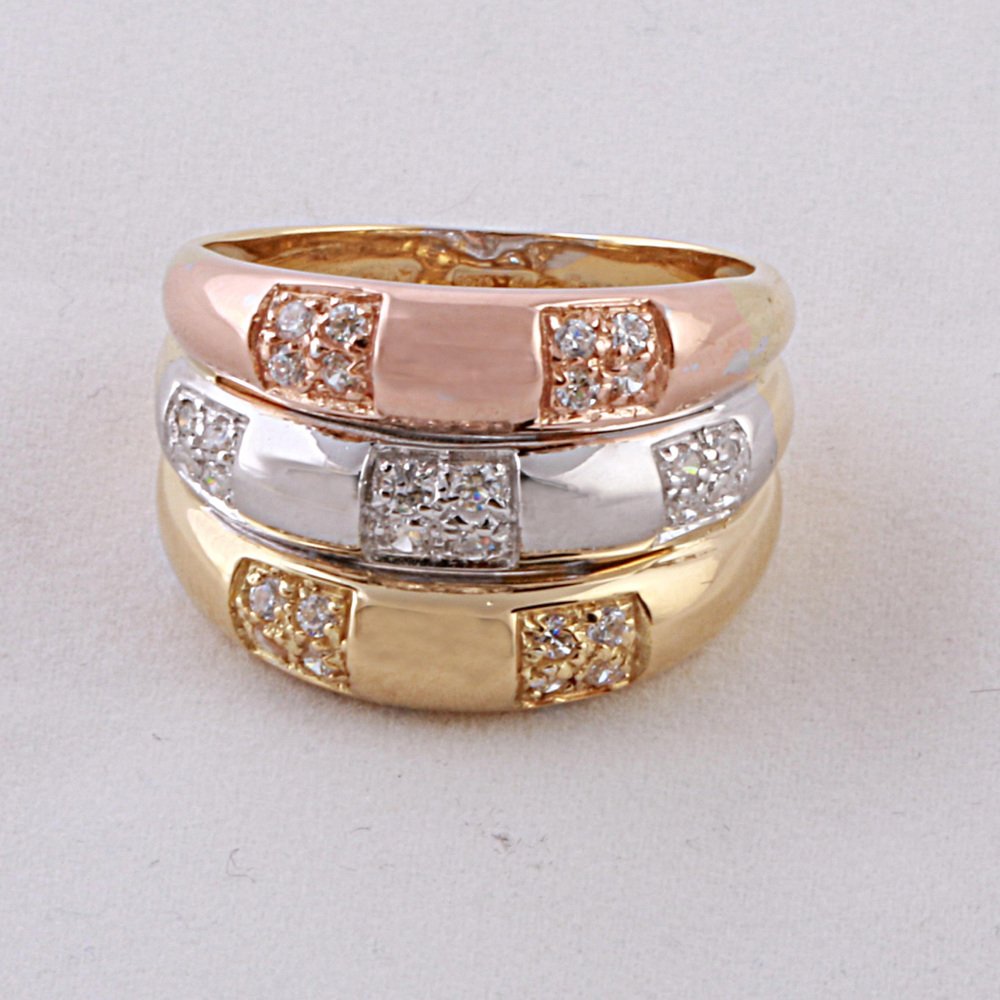 18 Karat Yellow, Pink and White Gold Band Ring Bambu Style with Diamonds