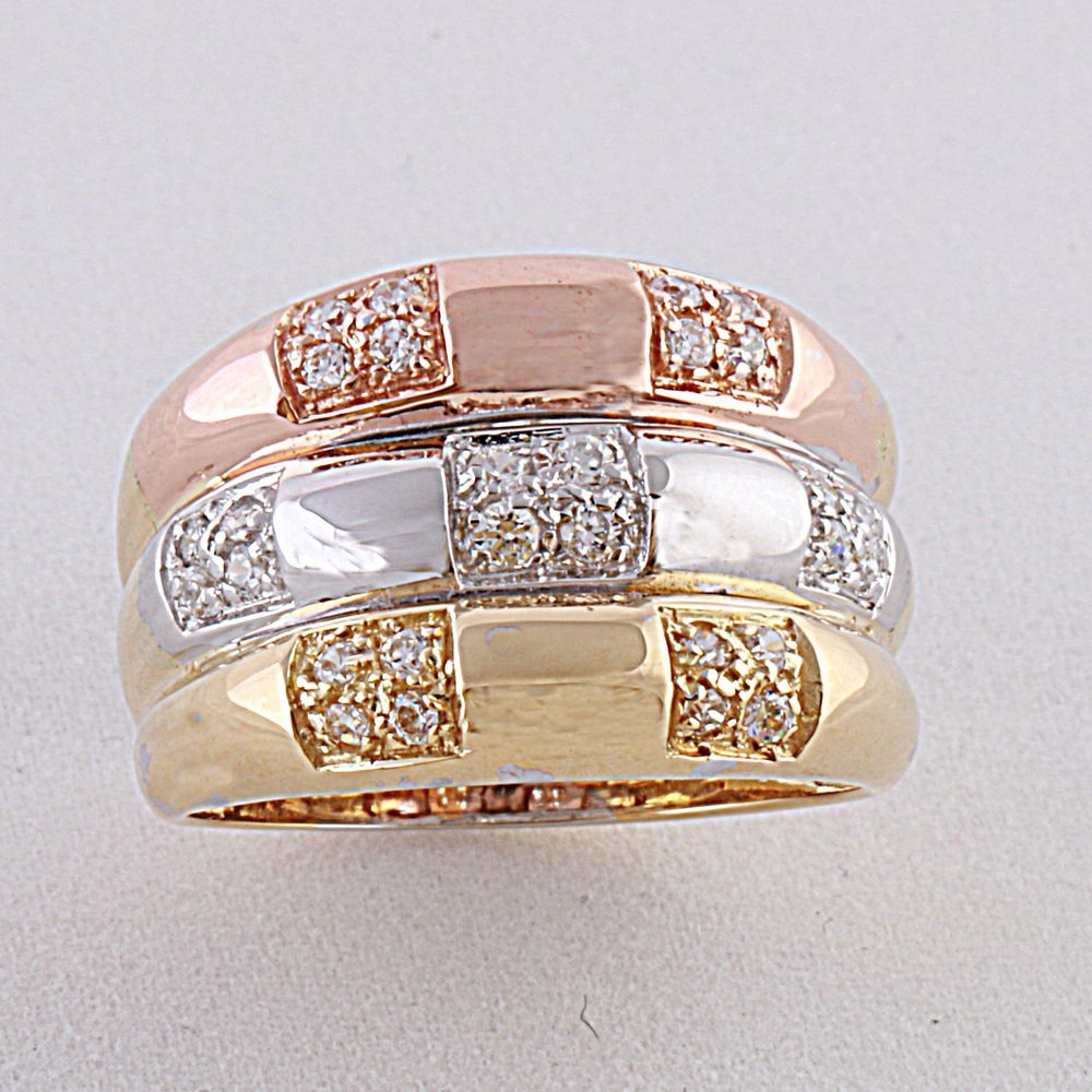 18 Karat Yellow, Pink and White Gold Band Ring Bambu Style with Diamonds