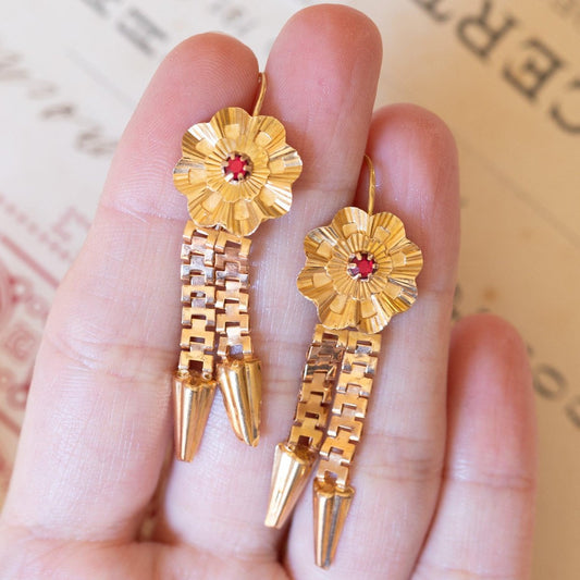 18k Gold Earrings with Red Glass Paste, 1940s, Set of 2